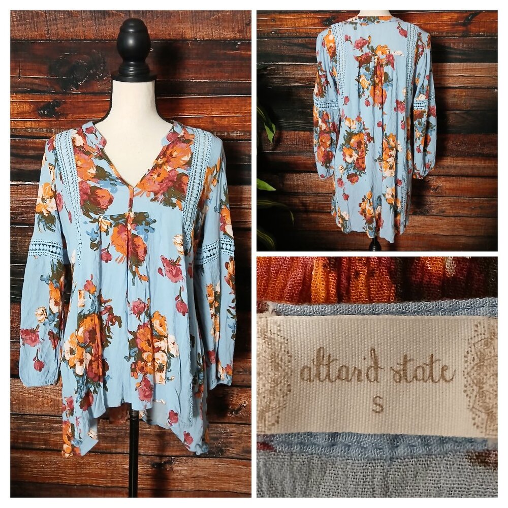 Altar'd State Peasant Top S Boho Sky Blue Crochet Prairie